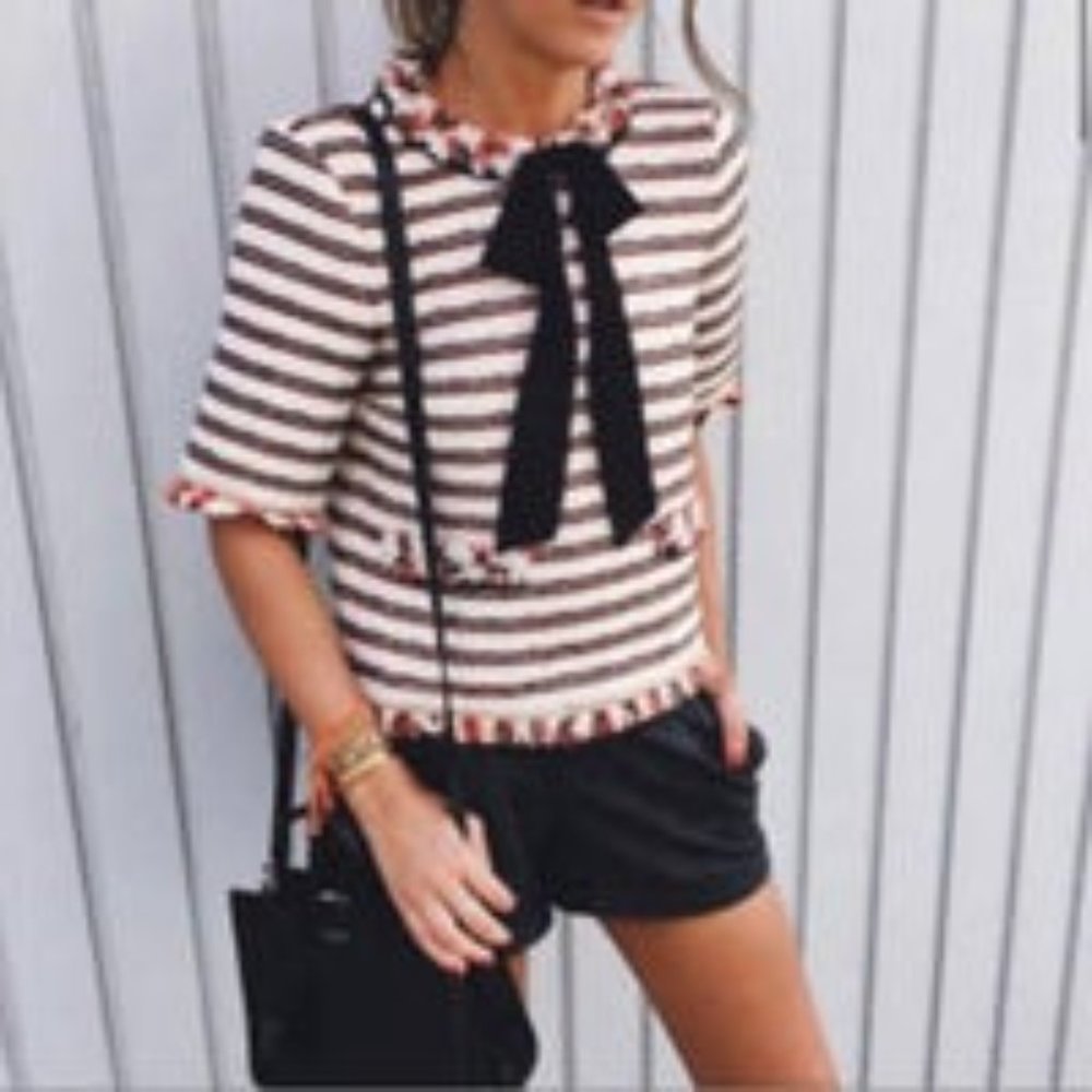 ZARA Jacquard Tweed Top With Bow